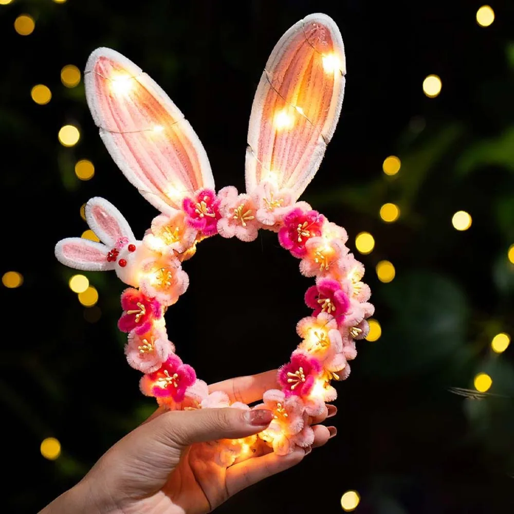 Handmade Bunny Headband Luminous Glowing Rabbit Hair Hoop Twisted Stick Dual Use Glowing Headwear Mid-Autumn Festival