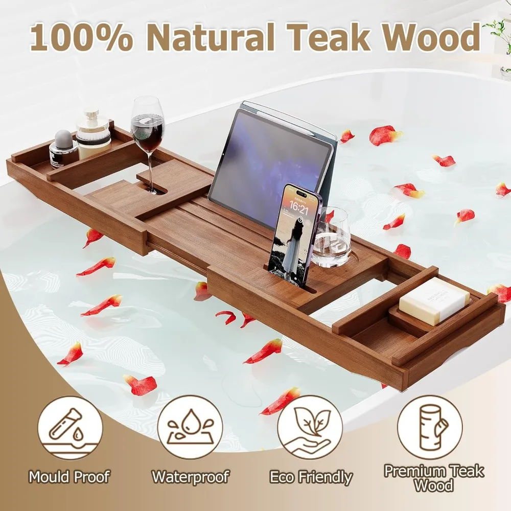 

Expandable Teak Bathtub Tray with Wine Glass & Book Holder - Adjustable Wood Bath Caddy for Relaxing Spa Experience