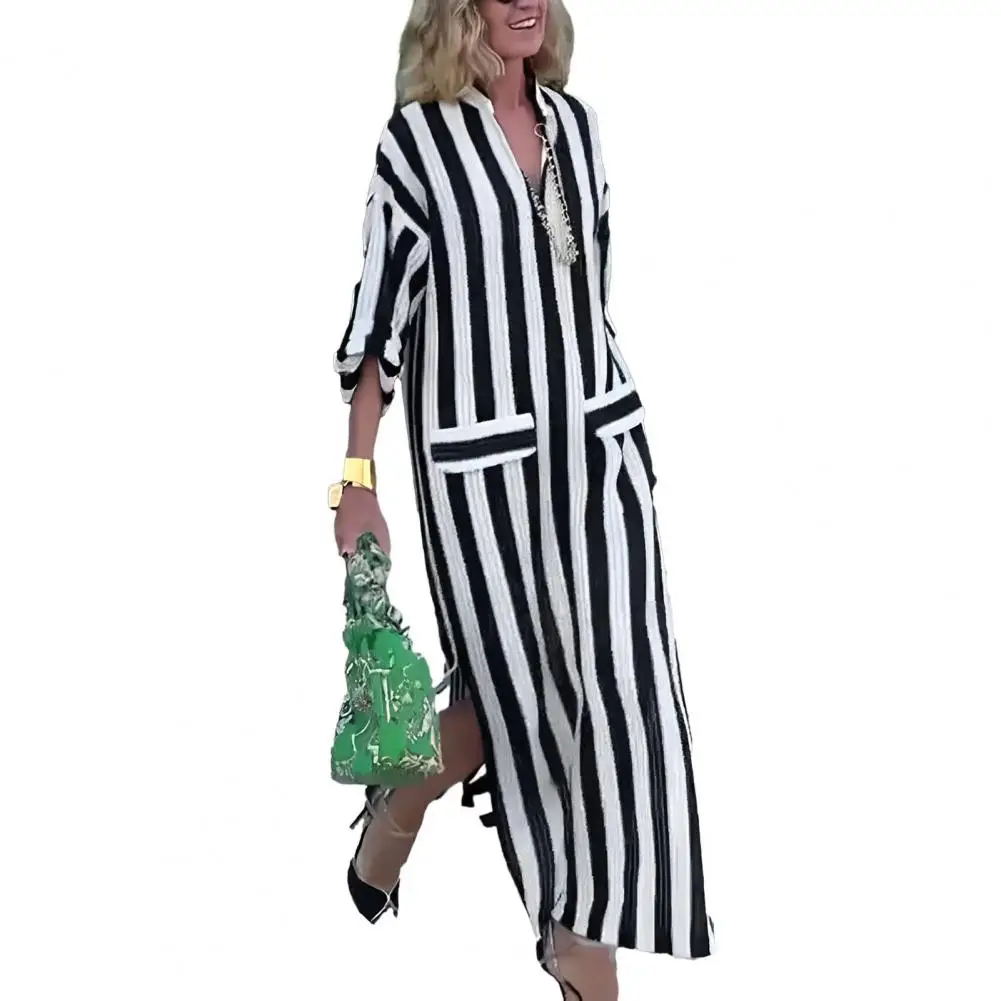 

Striped Maxi Dress Chic Comfortable Women's Maxi Dresses with Vertical Striped Print Side Split Hem for Spring Autumn Streetwear