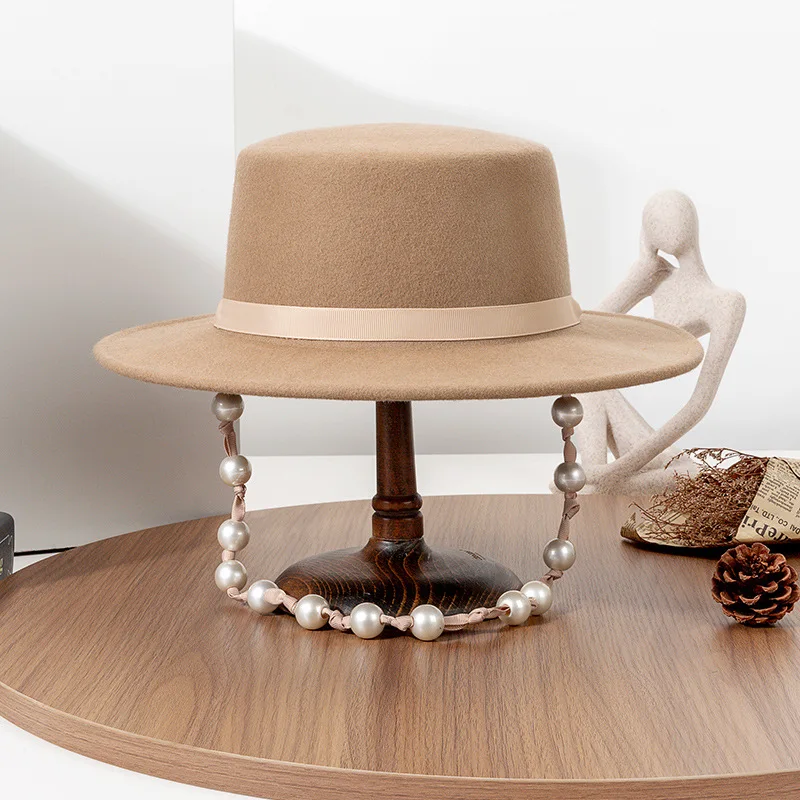 Ladies Wool Fedora Pearl Flat Top Wool Cap Unisex French Elegant Zip Design Hat Jazz Cap Wide Brim
