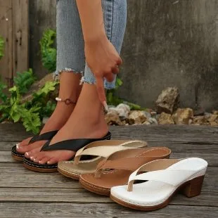 New Pure Color High Heels Flip Flops Women Outdoor Clip Toe Thick Heeled Sandals Woman Lightweight Plus Size Summer Slippers