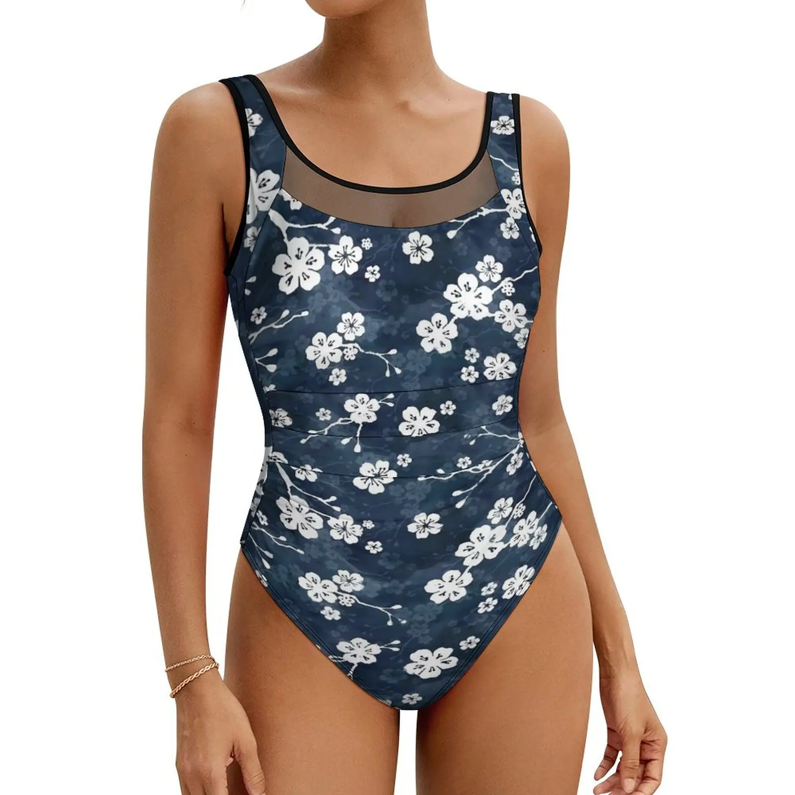 

Blue Flower Print Swimsuit Sexy Cherry Blossom Women Swimwear One Piece Elegant Bodysuit Holiday Push Up Sleeveless Bathing Suit