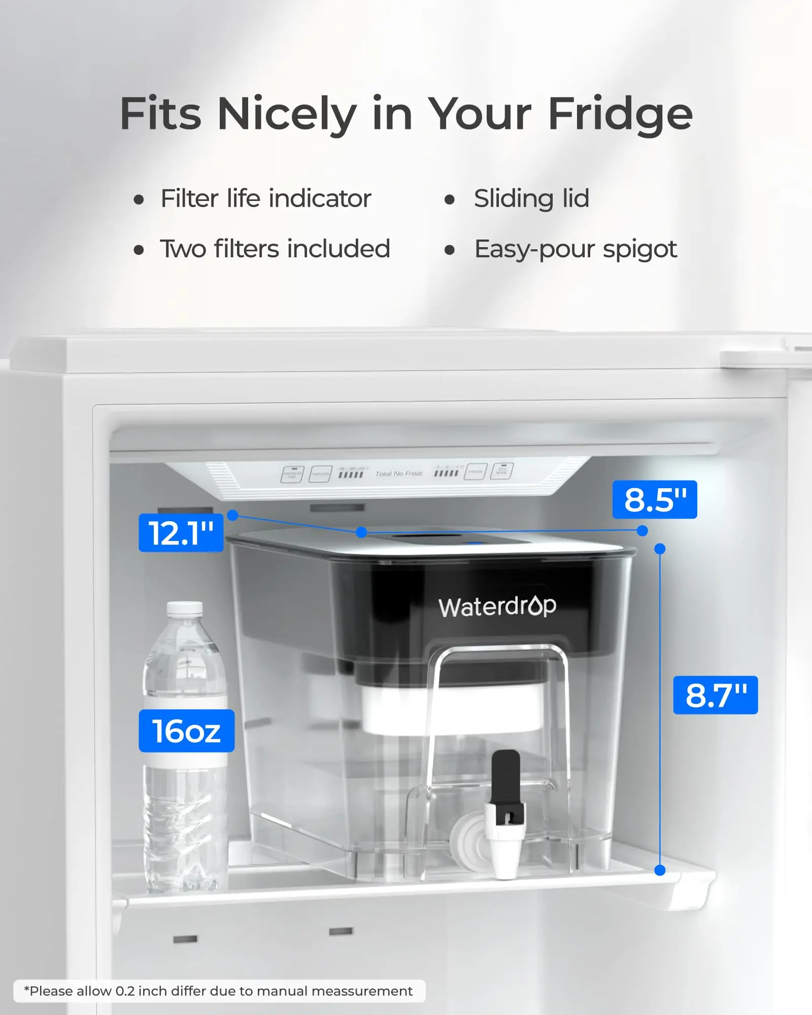 Waterdrop WFD-22L-DF Water Filter Dispenser, 40-Cup Water Purifier, Black, 2 Built-in Filters, 8X Faster Filtration, 400-Gallon Lifespan, 10X Longer Lifetime, Reduces Chlorine, PFOA/PFOS