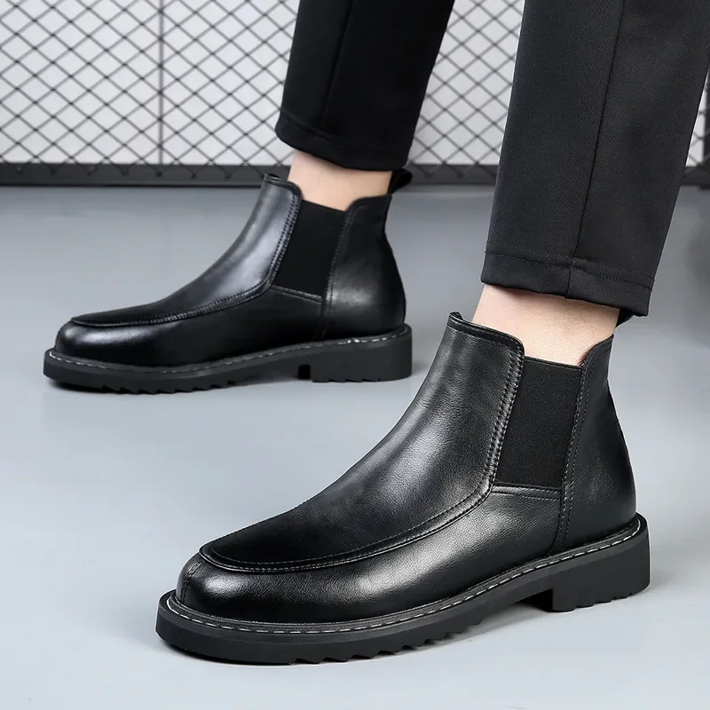 New Winter Shoes Men Chelsea Boots Genuine Leather Fashion Brand Footwear Mens Ankle Boots Warm Plush Flat Non-slip Black DX229