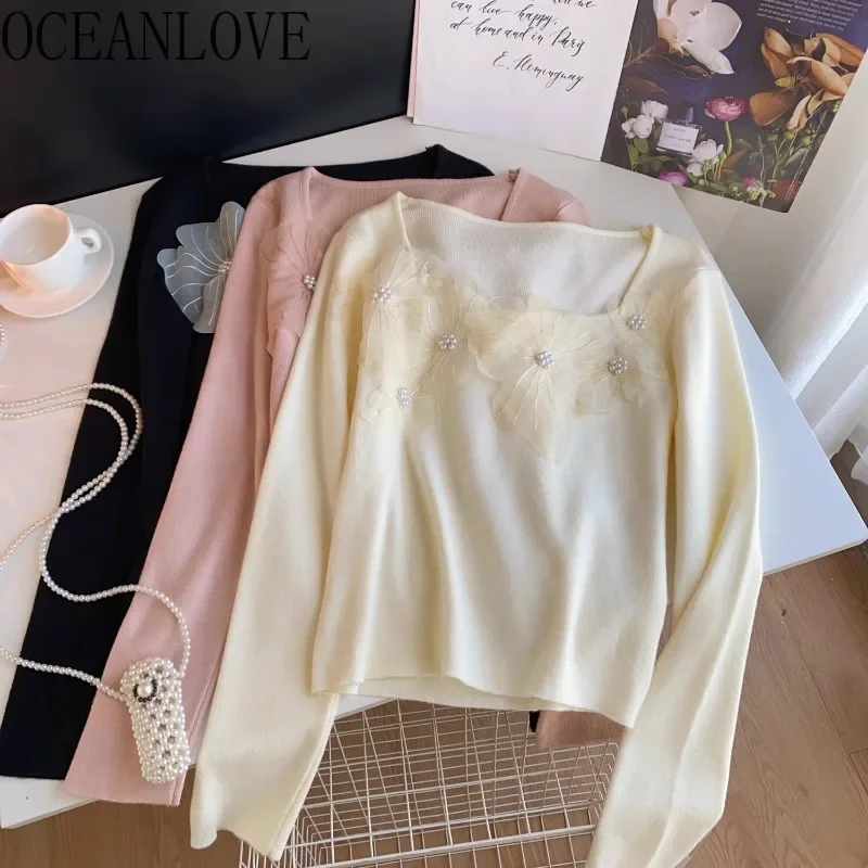 OCEANLOVE Fiori 3D Maglioni da donna Collo quadrato Dolce ed elegante Autunno Inverno Pullover Moda coreana Dolce Solid Pull Femme