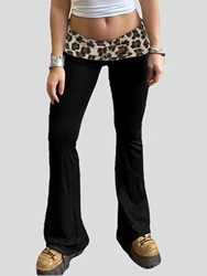 Sweetown Patchwork Leopard Low Waist Y2K Flared Pants Women Slim Sexy Black Baddie Girl Streetwear Trousers