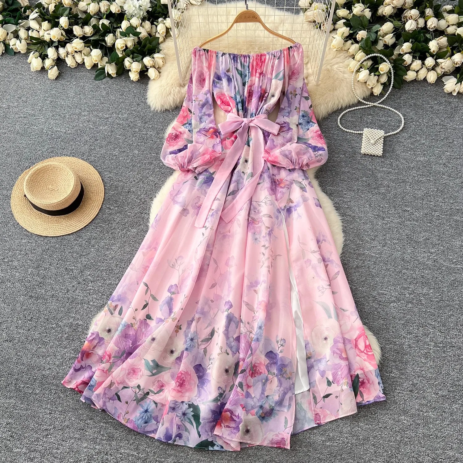 Abiti lunghi a fiori splendidi per le vacanze estive Abiti eleganti da donna con spalle scoperte e maniche a lanterna Abiti da festa in chiffon Boho