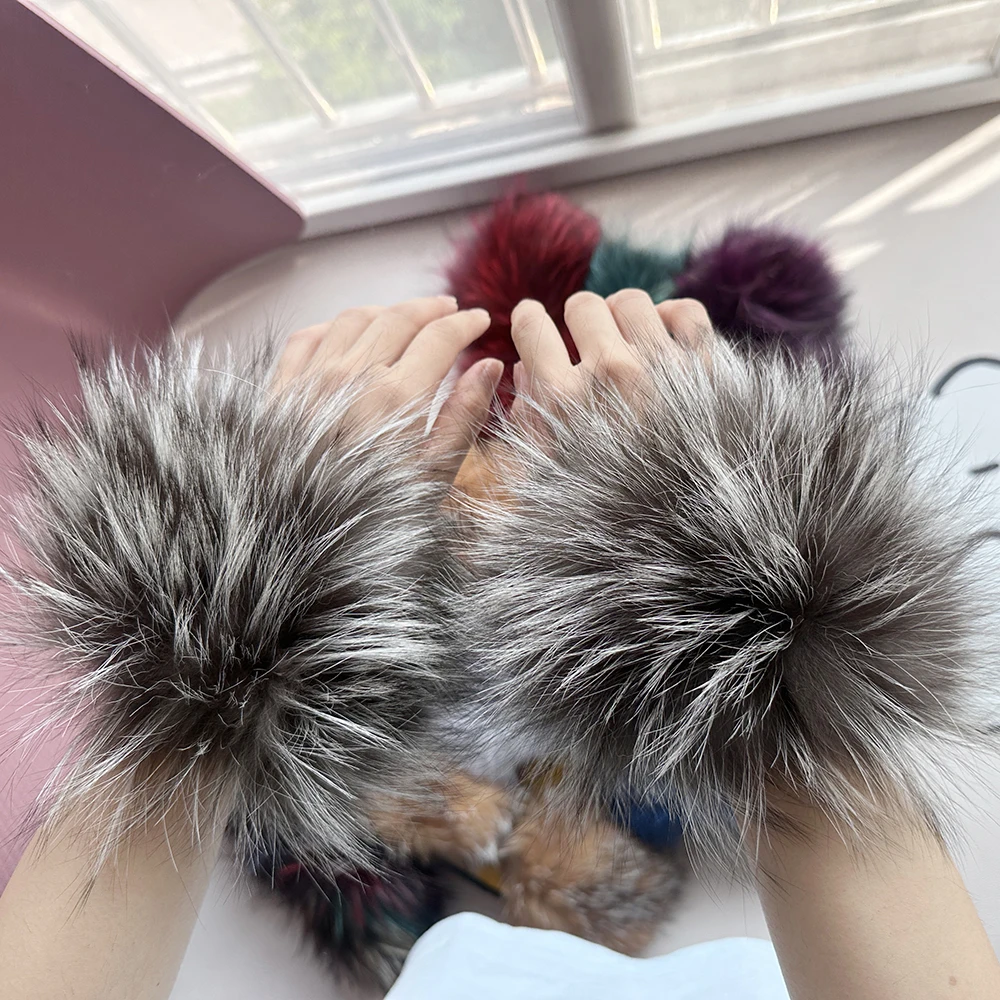 Women Real Fox Fur Cuffs Wristband Winter Warmer Arm Wrist Raccoon Fur Sleeve Gloves Female Elastic Oversleeve 2pcs