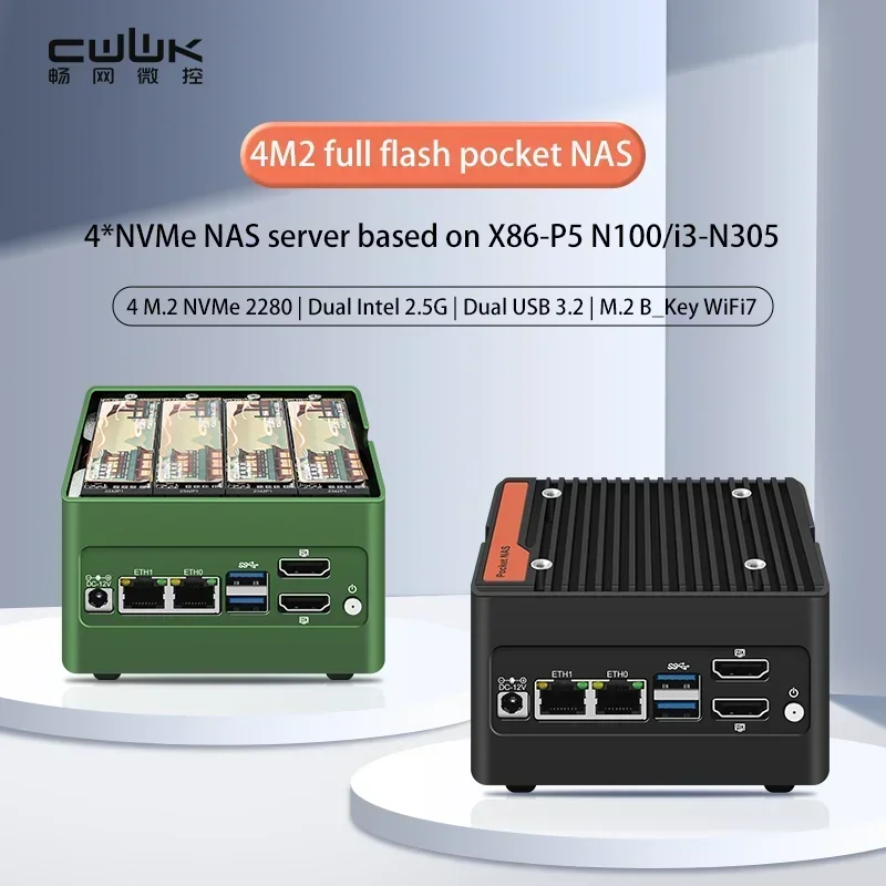 CWWK 4M2 Full Flash Pocket NAS X86-P5 N305 4*NVMe NAS server based on X86-P5 12th Generation N100/i3-N305 DDR5 4800MHz Firewall