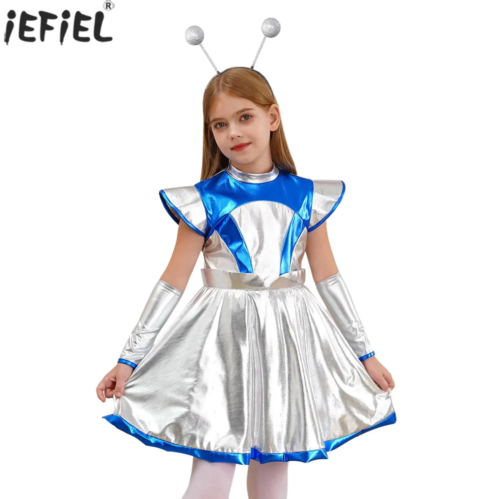 Kids Girls Alien Costume Outer Space Man Robot Cosplay Theme Party Dress Up Metallic Shiny Tutu Dress with Arm Sleeve Hair Hoop