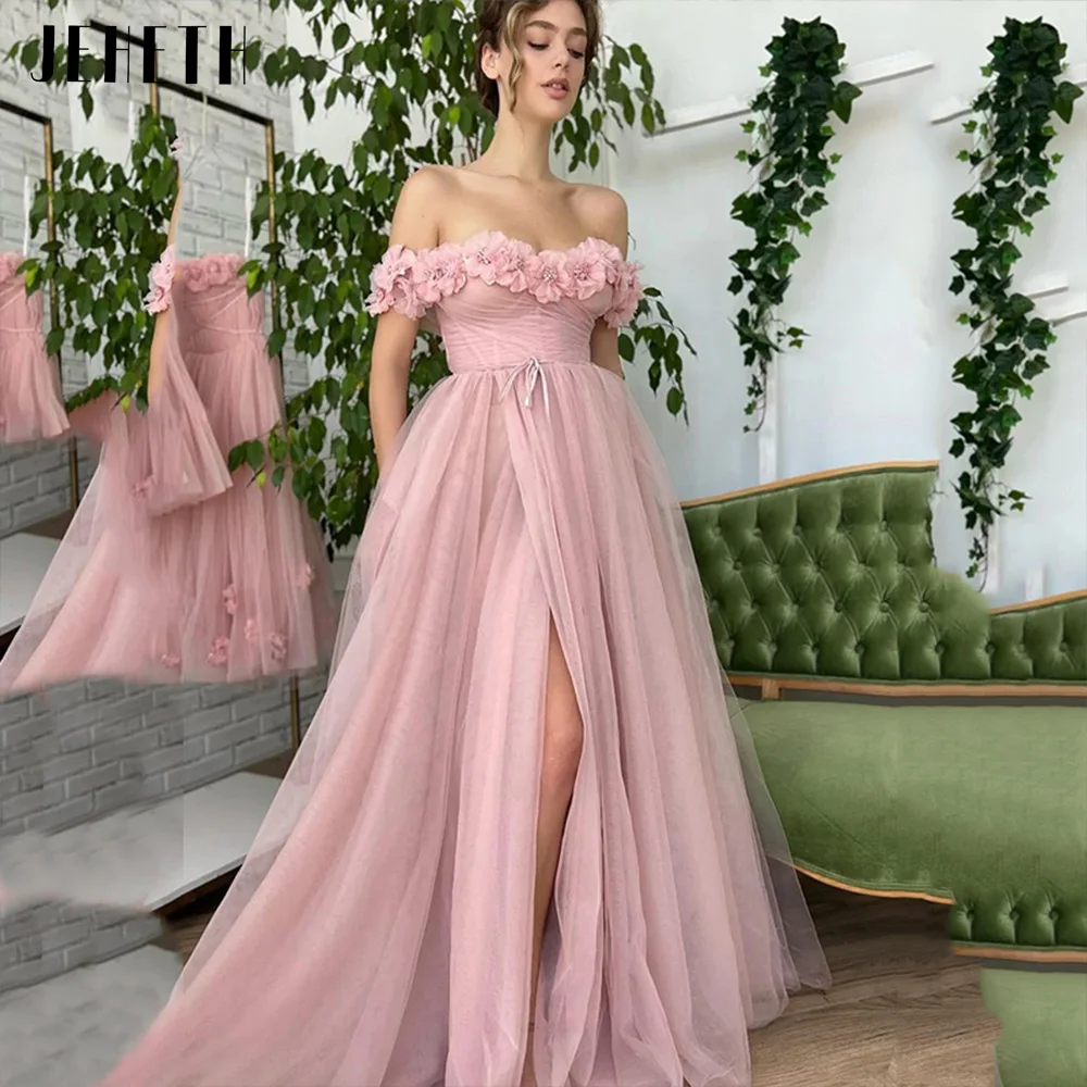JEHETH vestido de fiesta de tul con flores en 3D, vestido de noche de línea A, escote corazón dividido, hombros descubiertos, plisado, Formal, largo