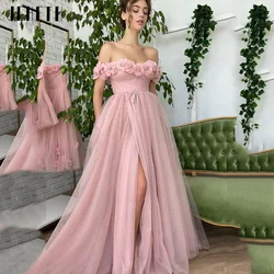 JEHETH Pink 3D Flowers Tulle Prom Party Dress Off the Shoulder Split Sweetheart A Line Evening Gown Pleats Formal Floor Length