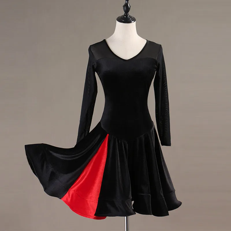 V Neck Mesh Long Sleeve Contrast Splicing Swing Dance Dress For Latin Dance Practice Stage Performance