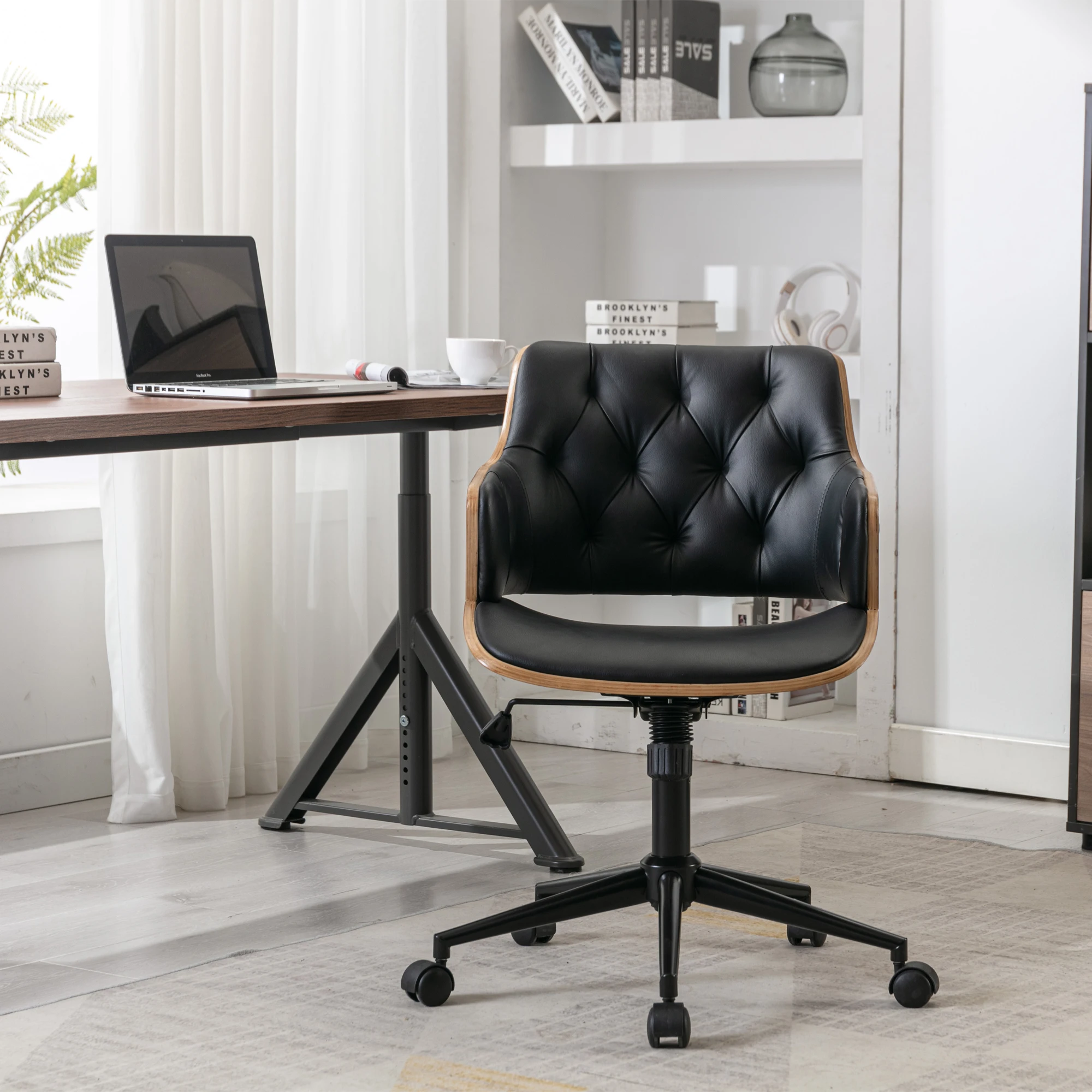 Bentwood-silla de oficina ajustable, tapizado de cuero PU negro, muebles de oficina de pie negro