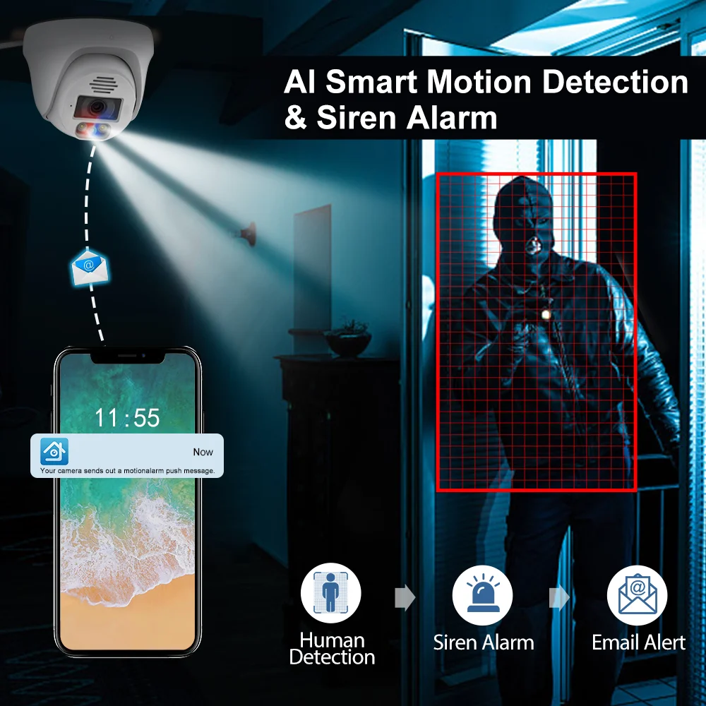 MISECU-Caméra de surveillance intérieure IP POE HD 5MP/8MP/4K, dispositif de sécurité sans fil, avec IA, détection intelligente des humains, vision nocturne et protocole ONVIF