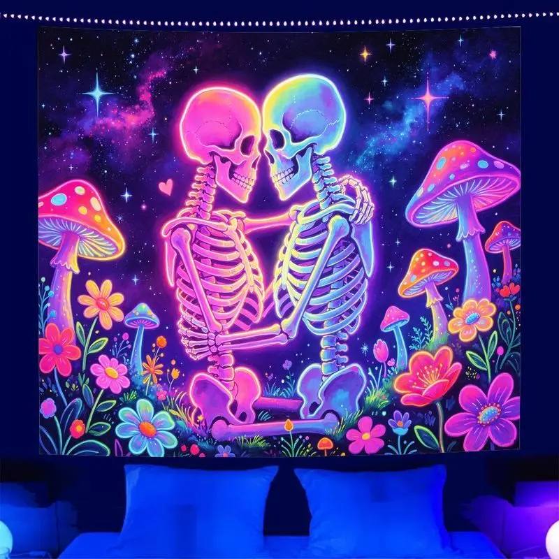 VIKAMA Cyberpunk Neon Skeleton Couple Embraces Tapestry psychedelic Galaxy Background Room Decoration Home Decoration