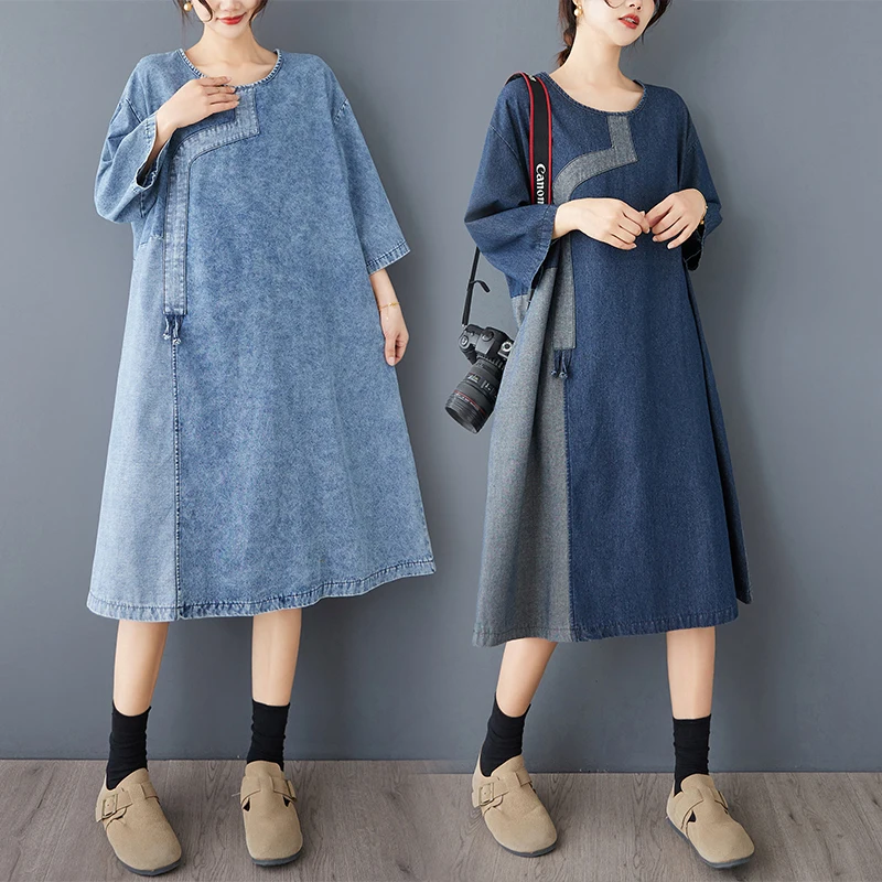 

Удобное весенне-осеннее джинсовое лоскутное платье, женское свободное платье в стиле ретро, большого размера, китайское платье, хлопок, полиэстер, B...