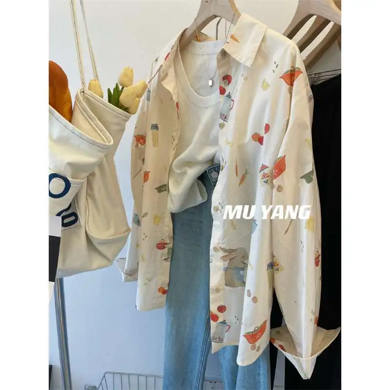 Japanese Cute Carrot Rabbit Retro Cartoon Shirts Summer Long Sleeve Blouse Beige Loose Button Up Shirt Korean Fashion Girls 2024