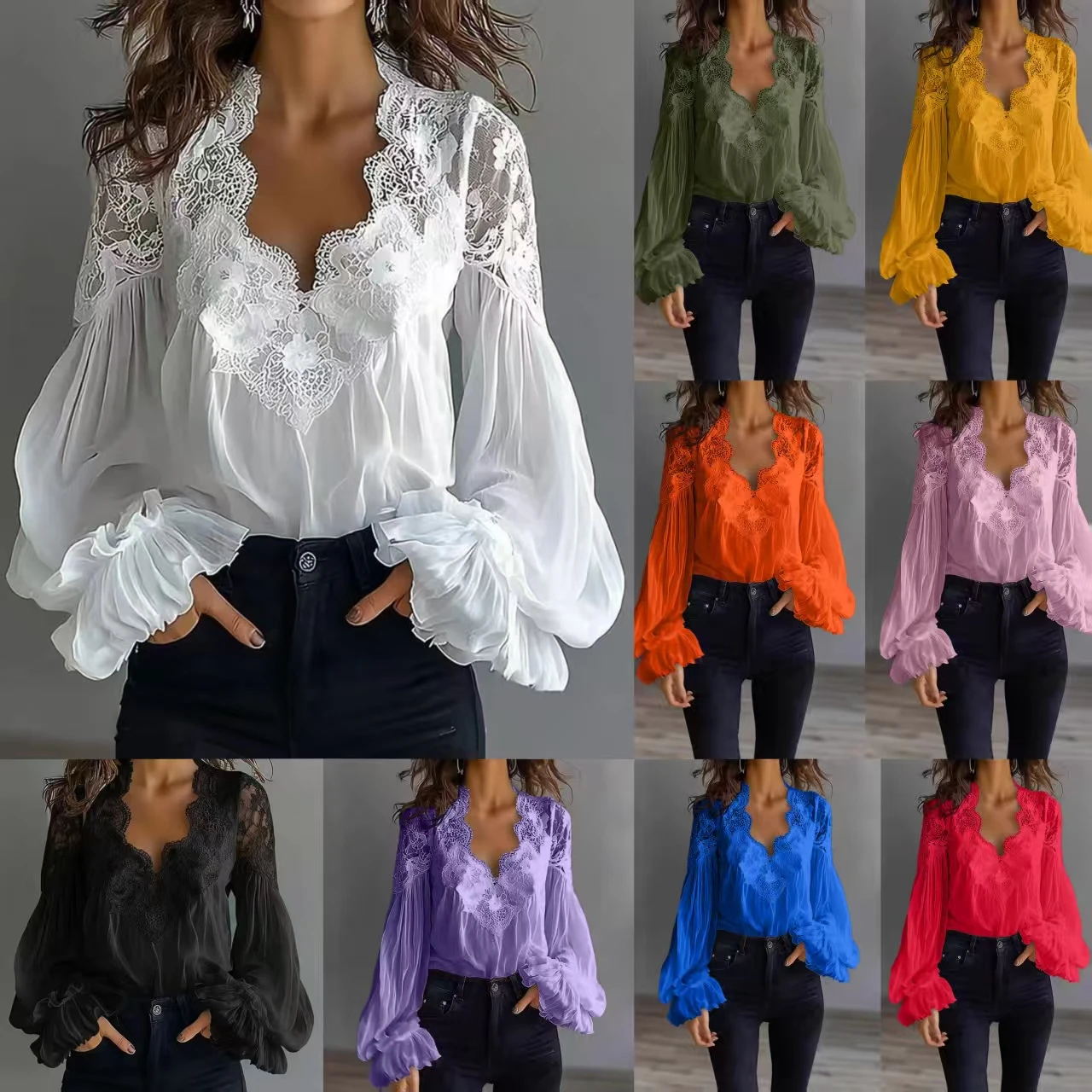 White Lace Deep V-Neck Long Puff Sleeve Women Blouse Shirts Sexy Lady Lace Patchwork Pleated Blouse Tops Office Shirt For Female