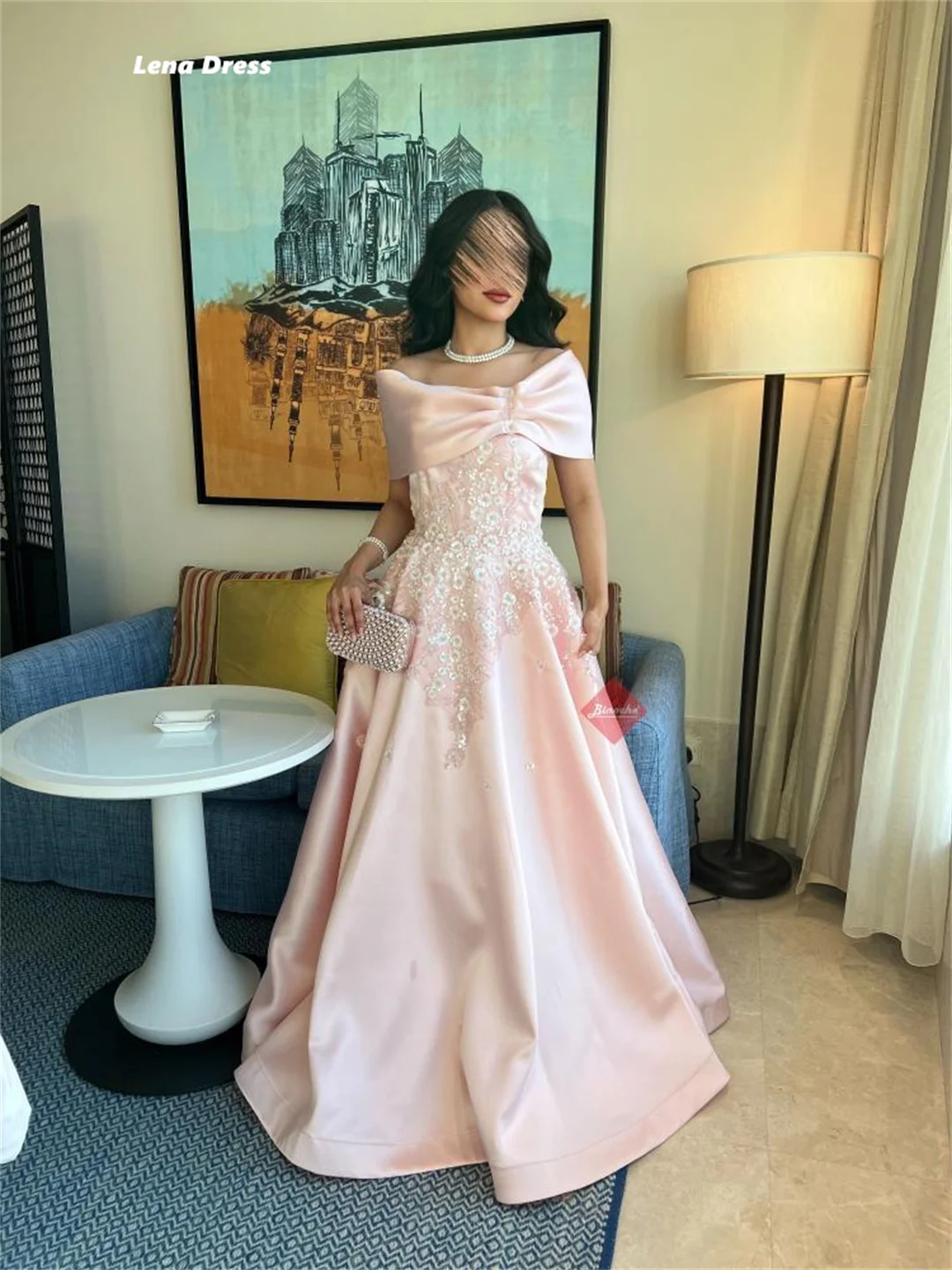 Lena Evening Dresses Pink Wedding Party Dress Satin Custom Made Flower Beading Bow Tie Elegant Woman Prom Women Special Occasion image 2