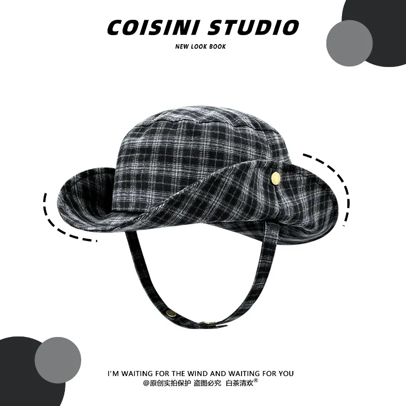 Niche Contrast Plaid Snap Strap Bucket Hats for Women Summer Autumn Travel Sun Protection Versatile Casual Literary Men's Cap