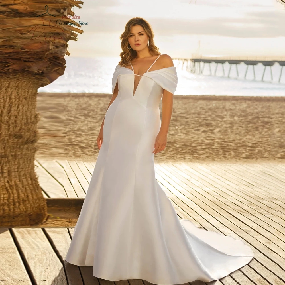 

Simple Off Shoulder Wedding Dresses Plus Size V Neck Sleeveless Bride Gowns Floor Length Satin Mermaid Vestido De Noiva 2024