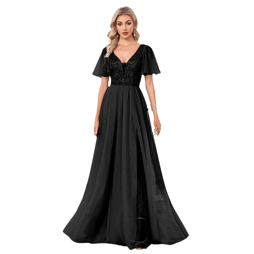 

Elegant V-neck Sequined Chiffon Long Formal Evening Mother of Bride Dress