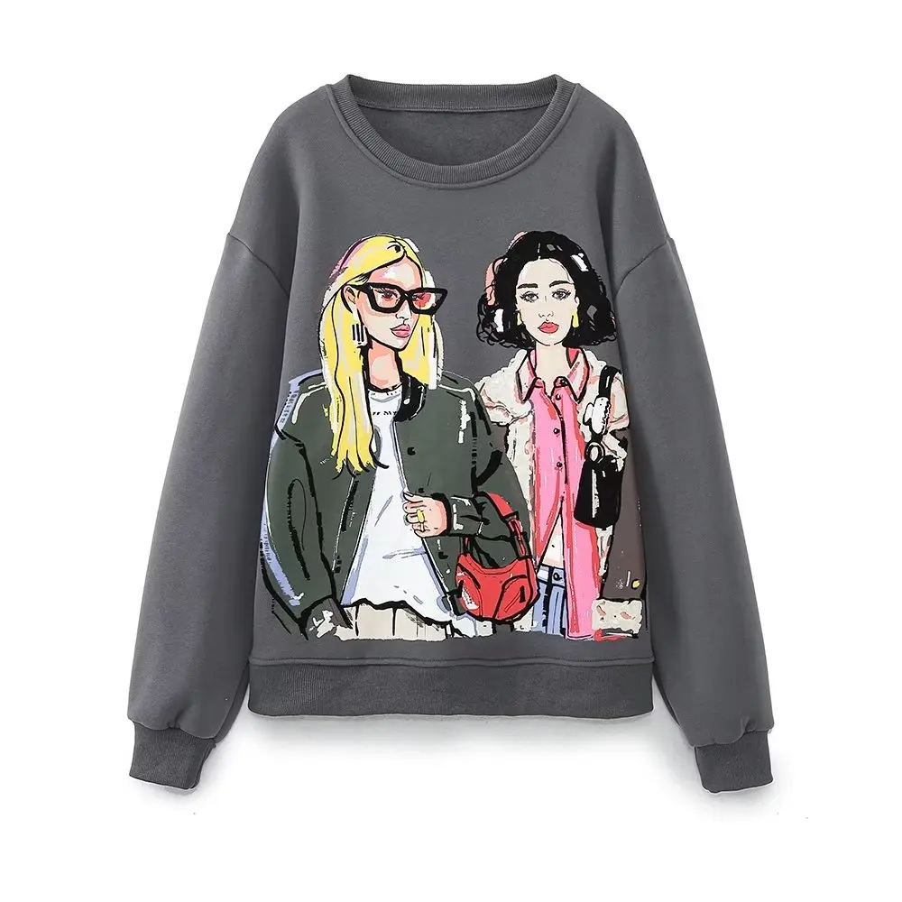 

TRAFZA 2024 Autumn Woman Girls Print Sweatshirts O Neck Loose Pullovers O Neck Long Sleeve Loose Streetwear Gril Pullovers