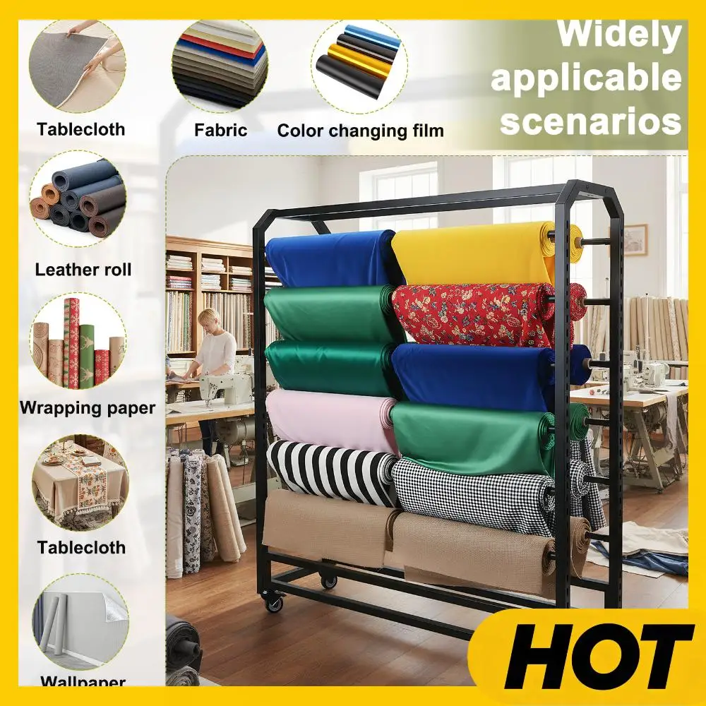 Estante de Almacenamiento de Rollos Textiles de Doble Cara con Ruedas, Exhibidor de Muestras de Tela con 12 Varillas Ajustables para Manualidades y Suministros de Costura