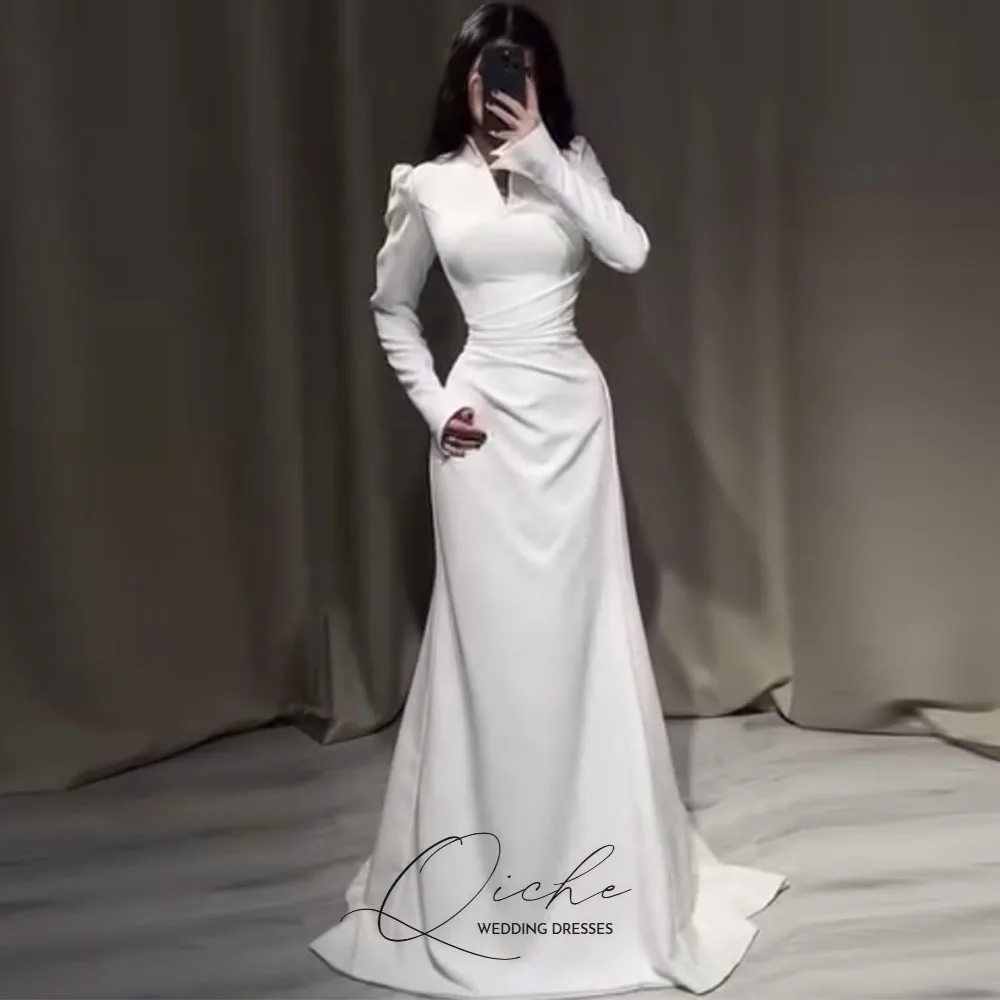 QICHE Modest Muslim Wedding Dresses High Collar Long Sleeves Bridal Gown Customized Saudi Dubai Modest Bride's Dresses 2026
