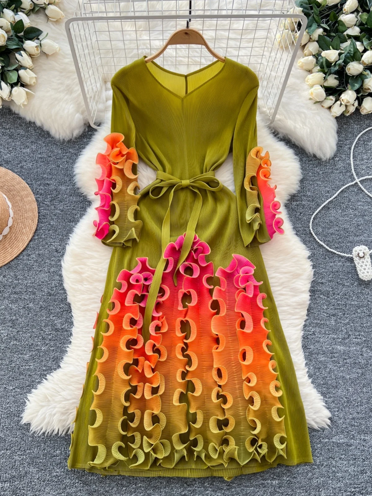 Diseño pado retro Borde de ano de ma Color deadado Cintura con cinturón Vestido de sensación de alta calidad Estil...