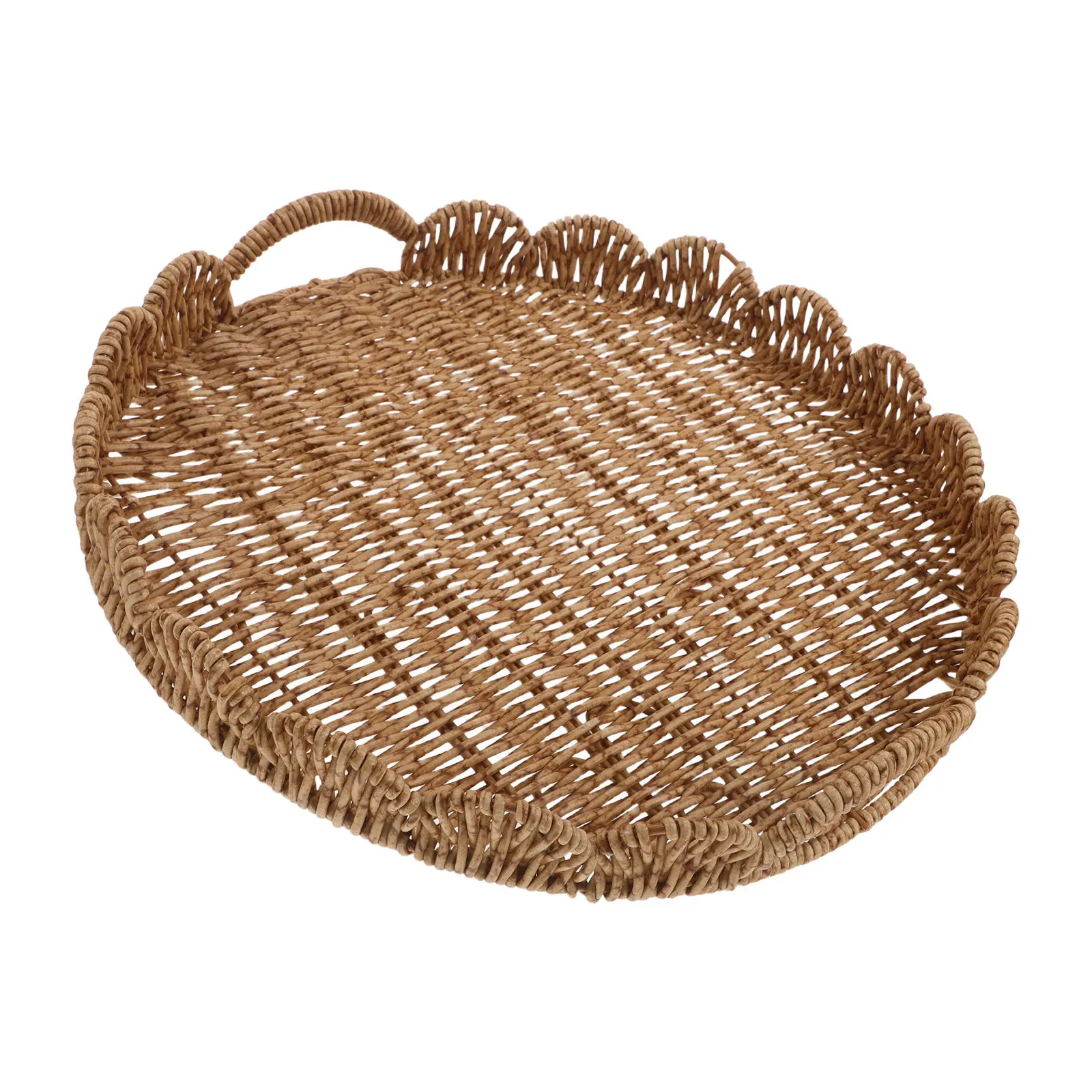Round Plastic Imitation Rattan Storage Basket Khaki Hand-Woven Shallow Tray Fruit Serving Display Tray Kitchen Countertop