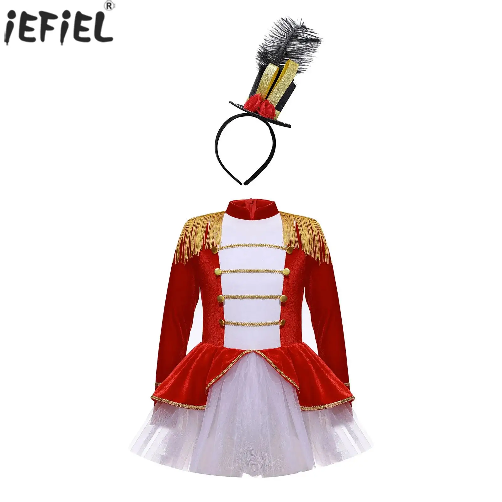 Kids Girls Circus Ringmaster Cosplay Costume Halloween Xmas Carnival Fancy Party Long Sleeve Tutu Leotard Dress with Top Hat