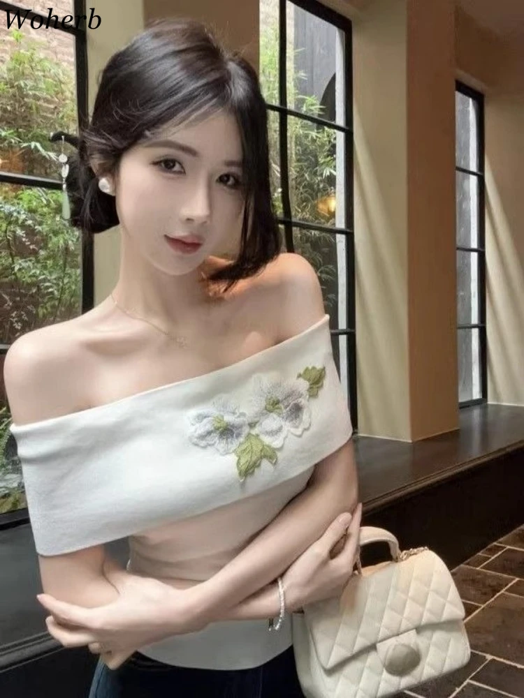 

Женская одежда, вязаные укороченные футболки 2025, Ropa Mujer, топы с вырезом на шее и цветочной вышивкой, модная корейская летняя футболка-туника