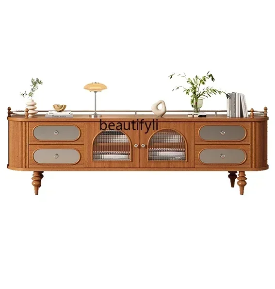 

z.French solid wood TV cabinet cherry wood medieval Roman column Changhong glass Nordic light luxury floor cabinet