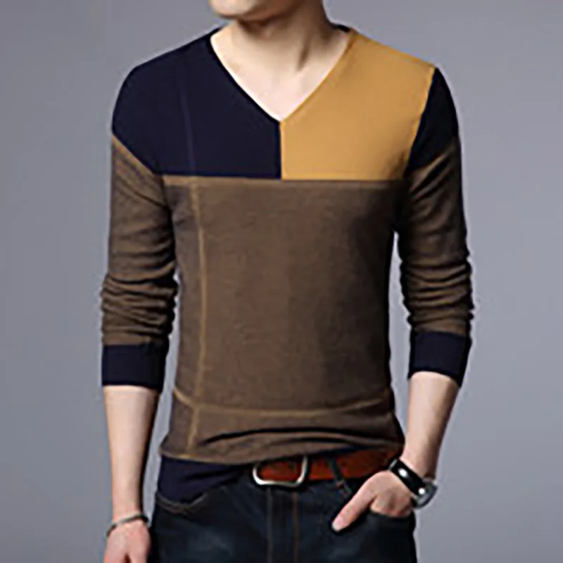 Fashion V-Neck Long Sleeve Knitted Spliced Color Sweater Men\'s Clothing 2022 Autumn New All-match Casual Pullovers Korean Tops