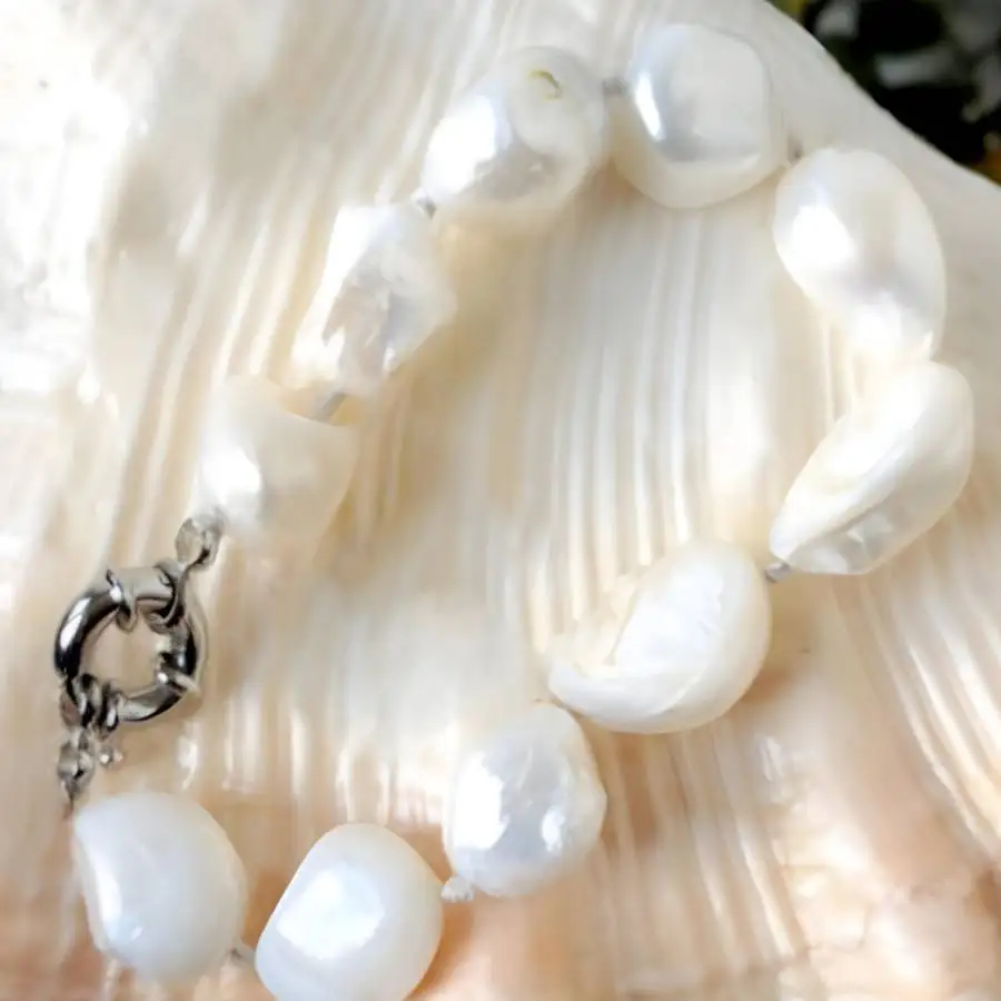Huge 12-14mm White Natural Cultured Baroque Pearl Bracelet 7.5
