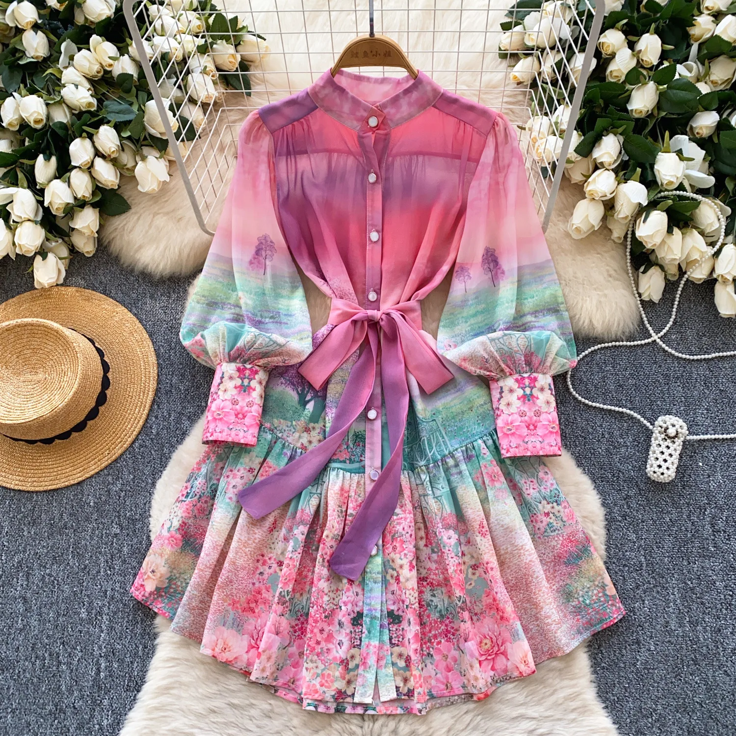 

Women Mid Length Dress Print Floral Dresses Ruffles A Line Vestidos Full Sleeve Elegant Splice Y2k Streetwear High Waist Work