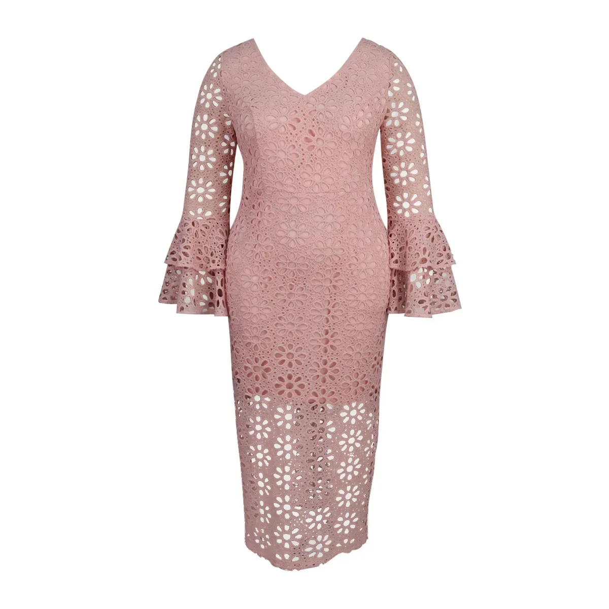 Women Pink Lace Hollow Out Slim Dress V Neck Backless Long Flare Sleeve Package Hip Wedding Party Chic Evening Party Gown