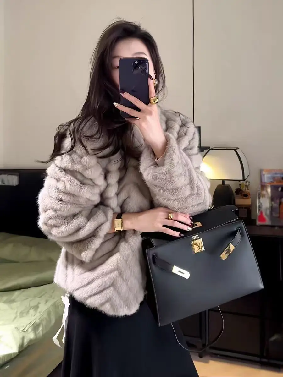 Elegant V Neck Herringbone Short Faux Mink Fur Jacket Women Long Sleeve Plush Jackets Woman Autumn Winter Fluffy Warm Outerwear