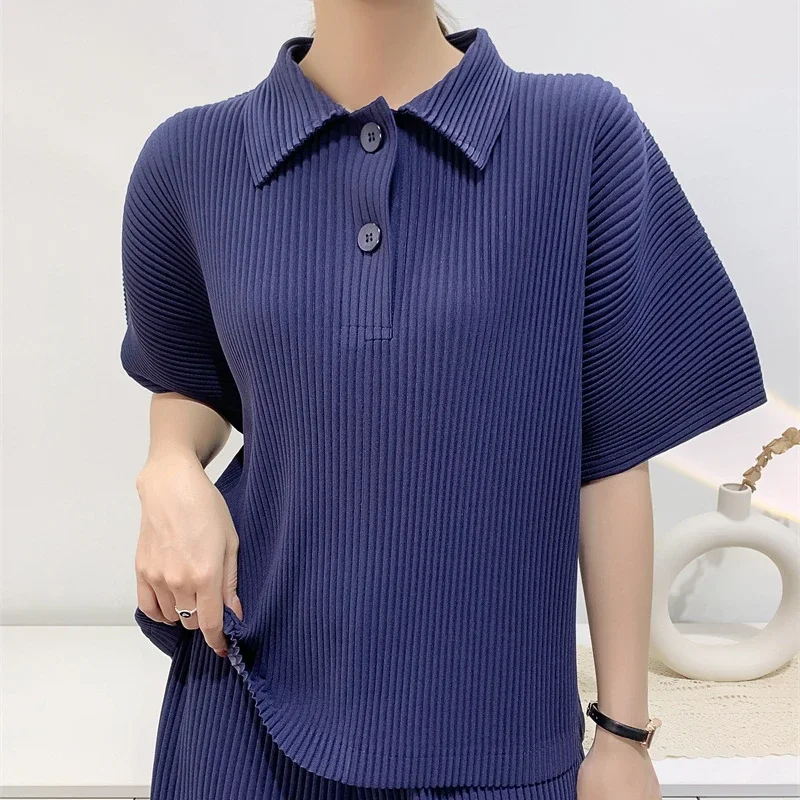 Miyake Pleated Classic POLO Collar Two Button T-shirt 2024 Spring and Autumn Ladies Short Sleeve Loose Casual Top Women Clothing