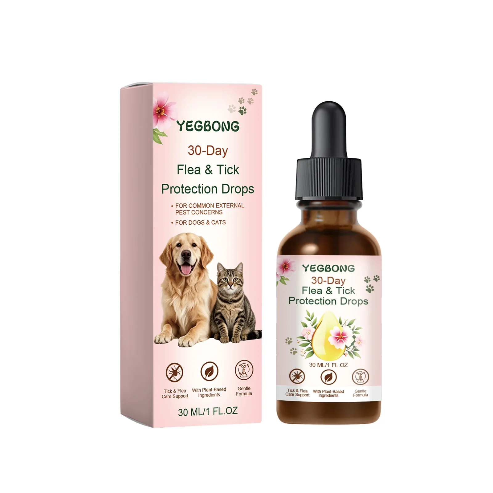 Yegbong 30ML Pet Flea & Tick Protection Drops for Cats & Dogs, Gentle Pet Hair Daily Cleaning Comfort Grooming Care Liquid