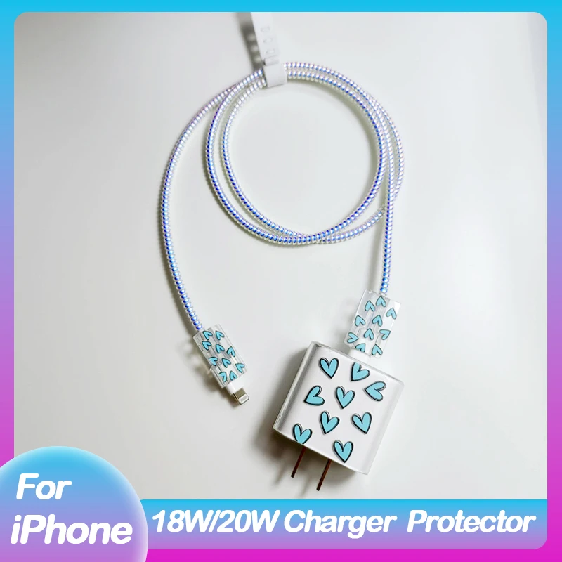 For iphone US 20W 11 12 Pro Max Original Adapter Case Data Cord Protective Cable Winder Protector Blue/Pink Charger Protective