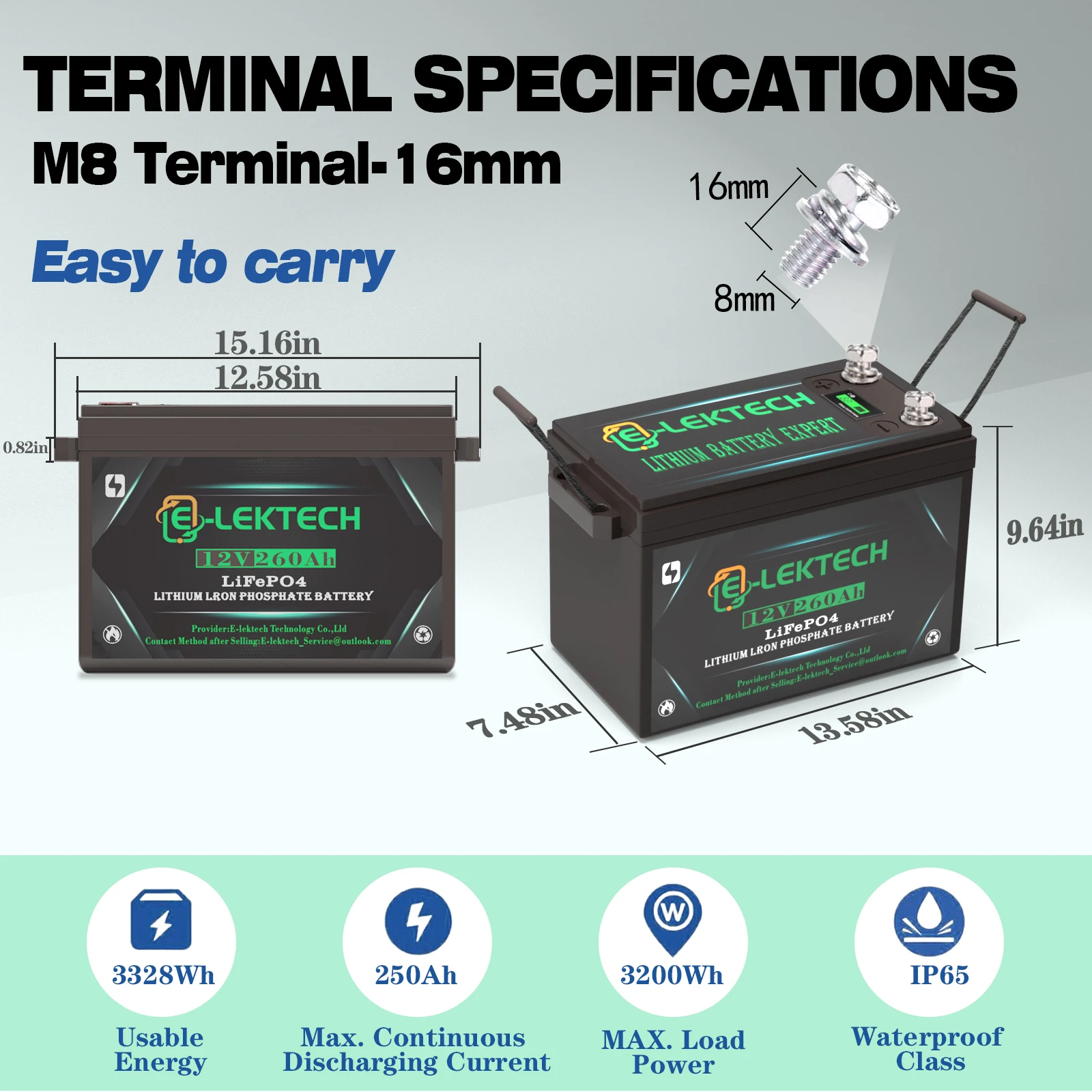 12V260Ah Lithium Battery, Small LiFePO4 Rechargeable Battery Built in 20A BMS for Solar, RV, Fish Finder, Scooter, Trolling Moto