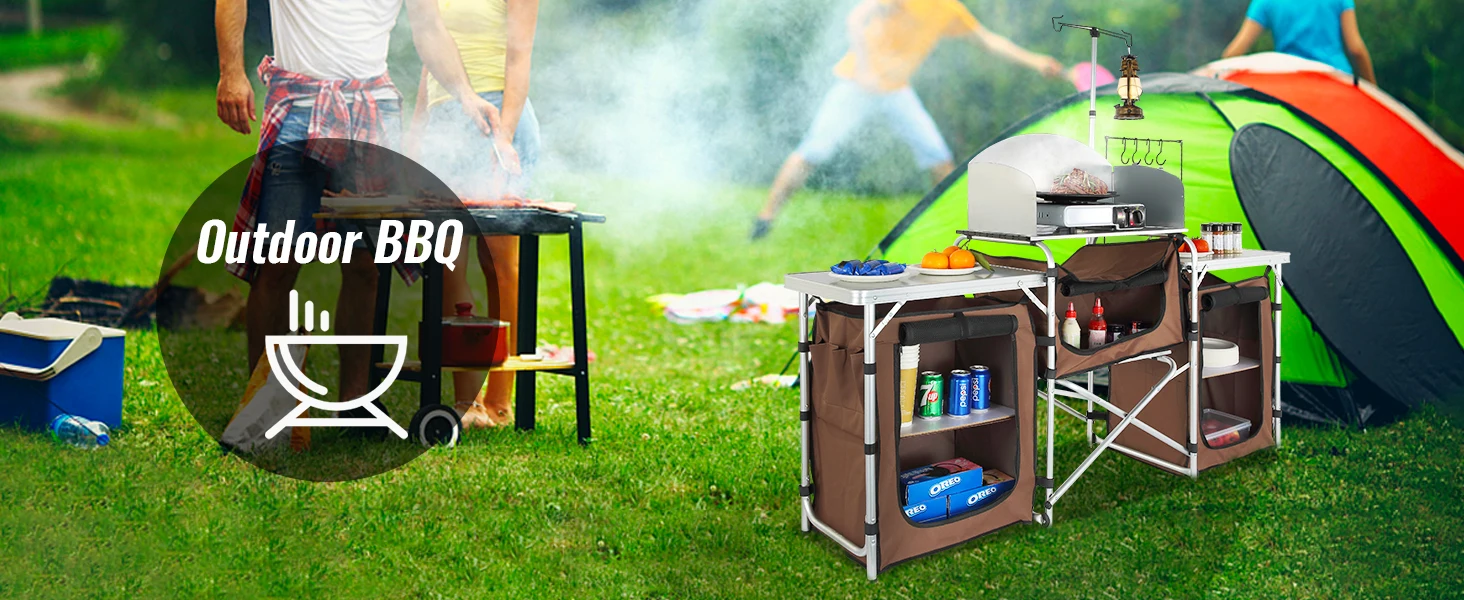 SucceBuy Camping Kitchen Table Folding Outdoor Cooking Table W/ Storage Carrying Bag Aluminum Cook Station 3 Cupboard Windscreen