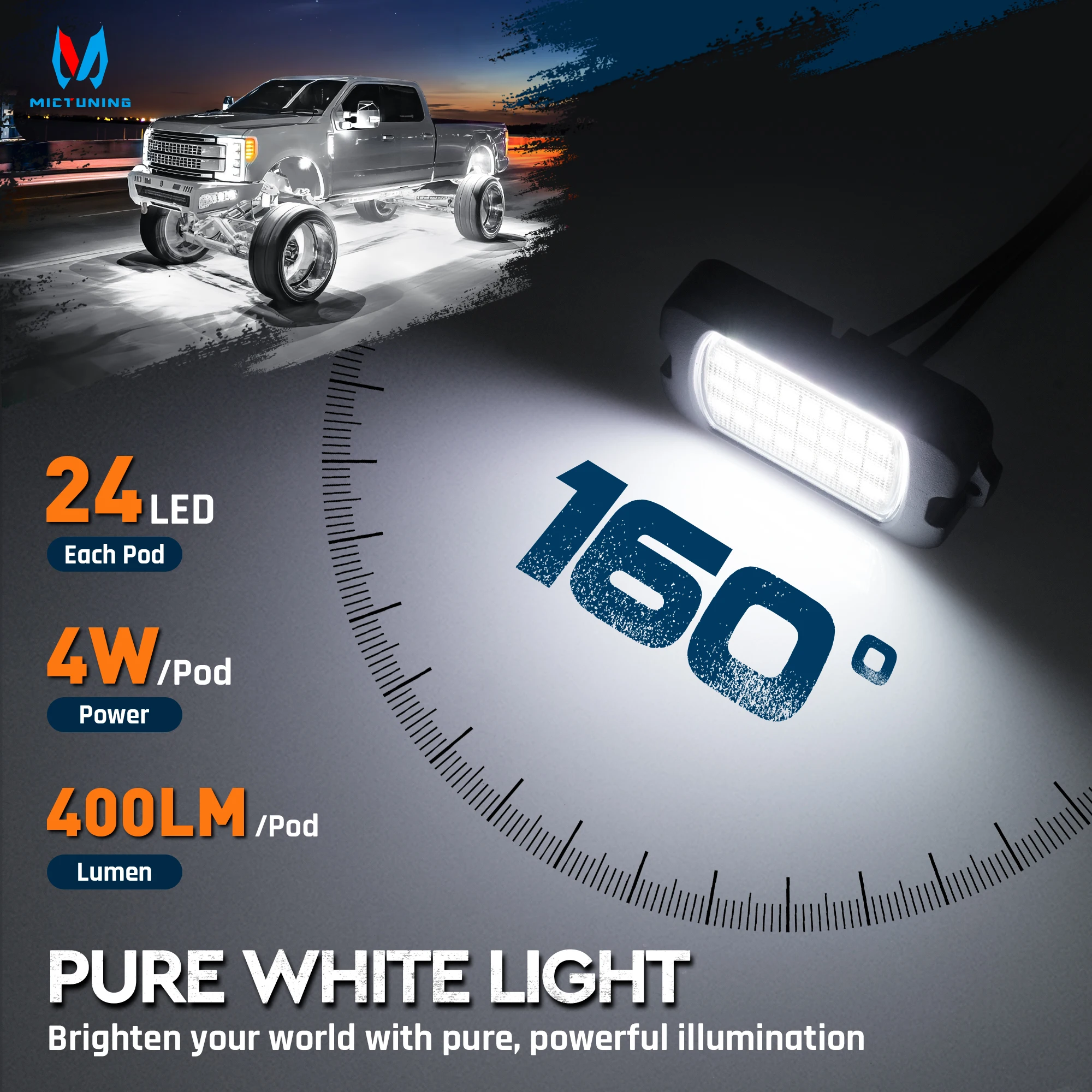 MICTUNING Q1 Enhanced Brightness Version Solid White Rock Lights - 12 Underbody Lights for Cars, Trucks, SUVs, Boats Waterproof