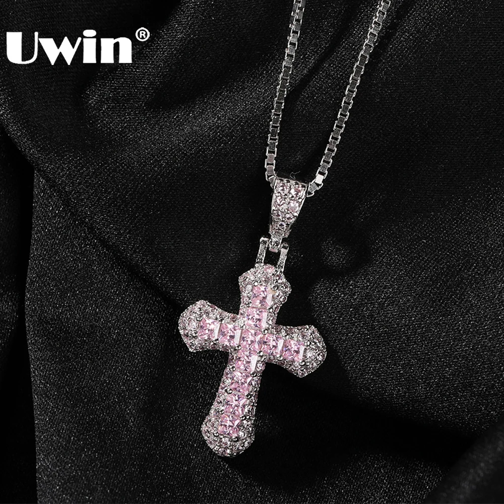 

UWIN Baguettecz Cross Charms for Women Iced Out Bling Cubic Zircon Jesus Cross Pendant with 18 Inches Box Chain Fashion Jewelry