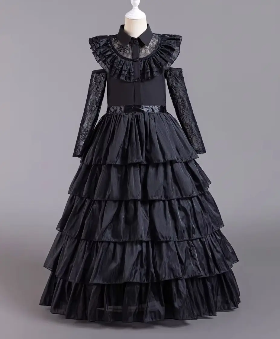 Girls Black Dress for Halloween Elegant Princess Party Dresses for Teenagers Formal Lace Prom Long Sleeve Clothes 8-10 Years