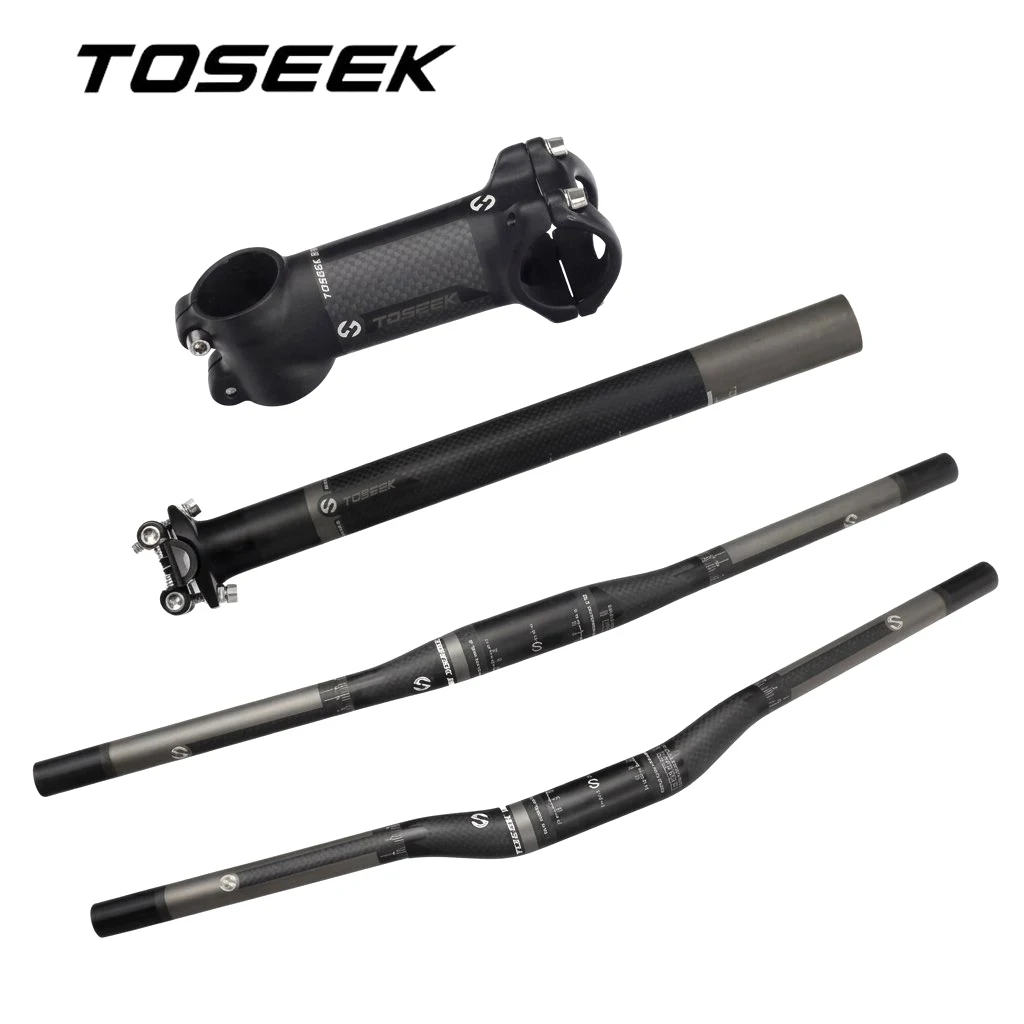 TOSEEK Matte 3K Carbon Fiber Bike Component Set MTB Bicycle Handlebar Stem SeatPost Bike Rise/Flat Handle Bar Kit
