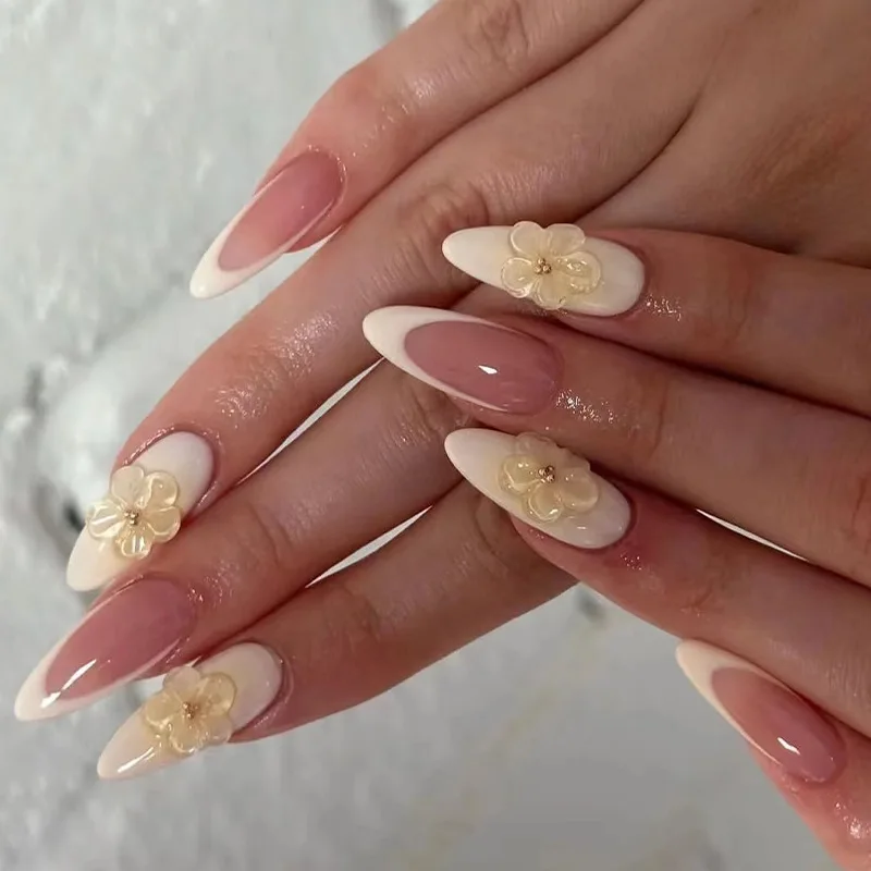 24pcs White Nails Wearable Spring Summer Flower Long Almond Fake Nail Round French Tips False Nail Sets Finished Press on Nails